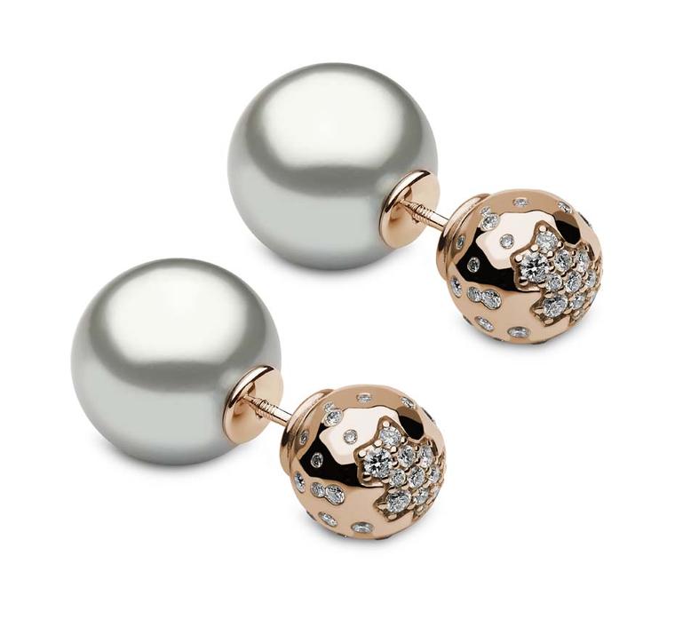 YOKO London front-back earrings in rose gold and diamonds, with two grey Tahitian pearls.